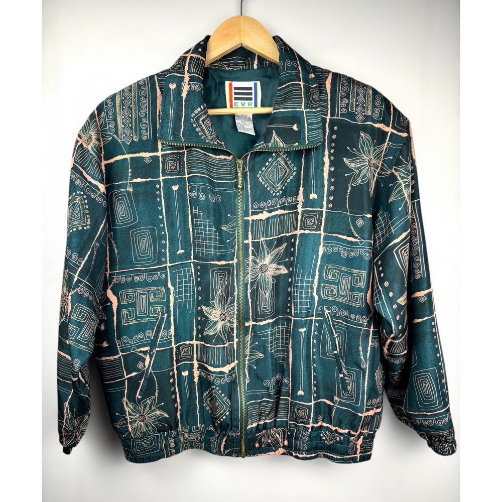 Vintage EVR 90s 100% Silk Abstract Floral‎ Graphic Bomber Track Jacket Women Med